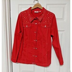 Quacker Factory Jeanne Bice RED Denim Rhinestone, Stars Embellished Size L